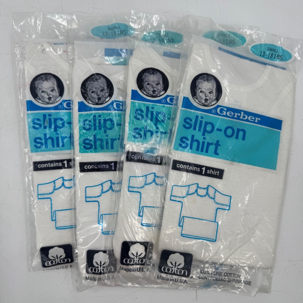 Vintage Gerber Slip On Shirts Baby Boy Girl White Cotton Small 13-18 Lb Lot of 4